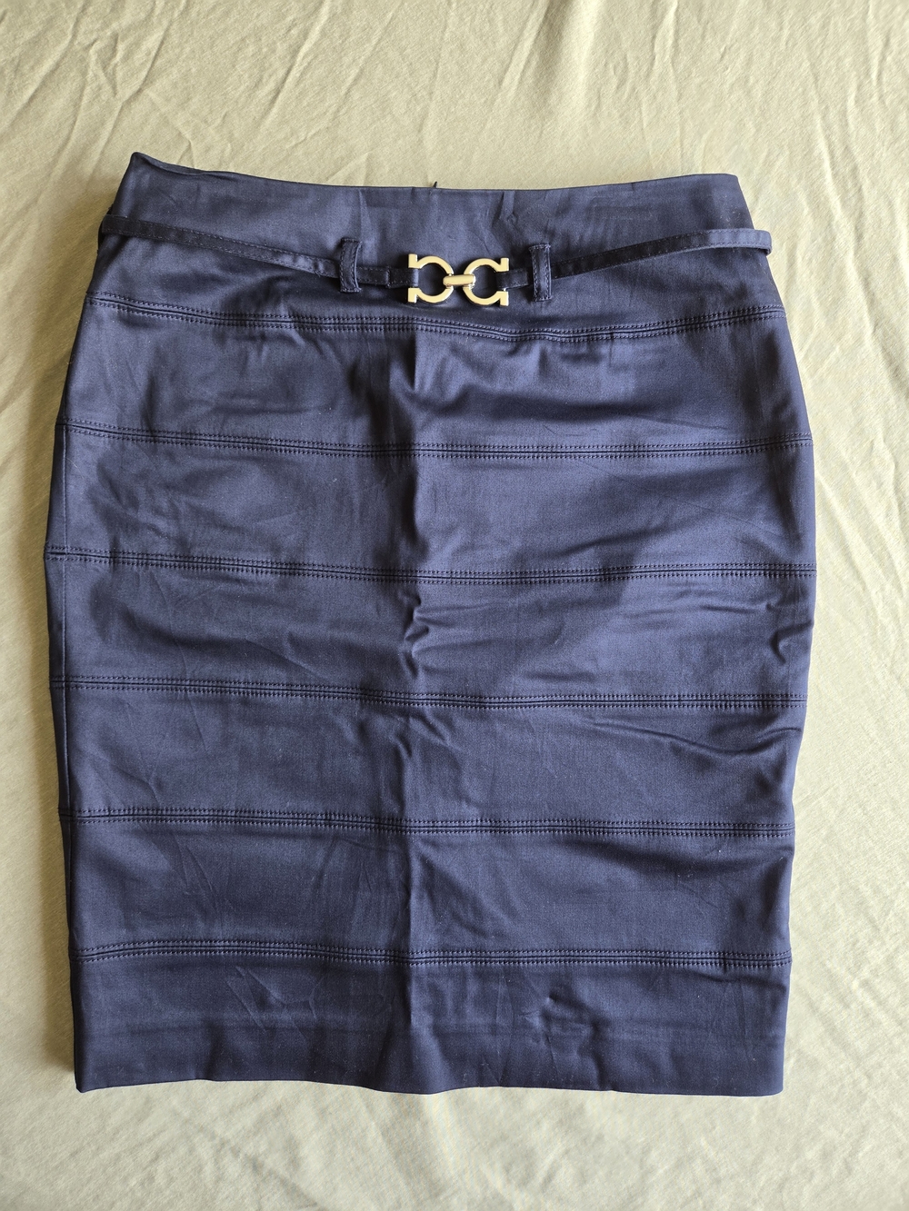 INC Navy Tiered Pencil Skirt with Silver Interlocking Horseshoe Buckle Belt - 4